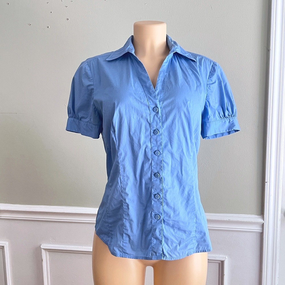 Ann‎ Taylor Bouse Womens 10 Stretch Short Puff Sleeve Blue Cotton Girly Prep